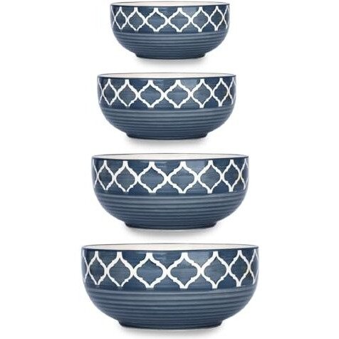 Separate Way Ceramic Mixing Bowl Set - 4 Different Sizes (1000Ml, 750Ml, 500Ml, 300Ml), Gray - For Salad, Soup, Dessert, Mixing