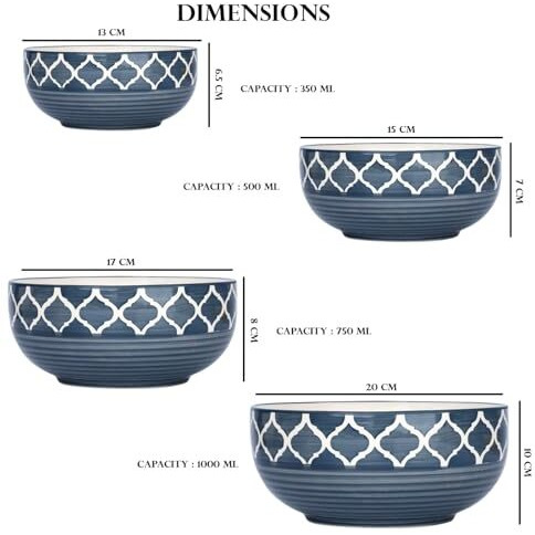 Separate Way Ceramic Mixing Bowl Set - 4 Different Sizes (1000Ml, 750Ml, 500Ml, 300Ml), Gray - For Salad, Soup, Dessert, Mixing