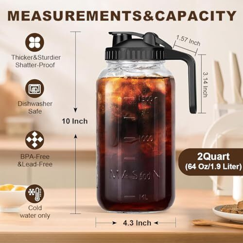 Supvox 64Oz Cold Blew Glass Kettle Coffee Maker Leaking Proof Lid Design With Handle & Nozzle Cool Water Bottle Iced Coffee Pitcher With Stainless Steel Cone Filter & Cleaning Brush