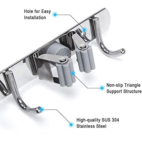 Topinon Broom Mop Holder Wall Mount Stainless Steel Tool Hanger Storage Organizer 1Pc