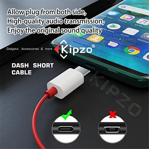 Kipzo Red Type C To Usb Mini Short For One-Plus Small Type C Cable, Dash Warp Charge Power Bank Fast Charging Cable 30 Cm 4A Fast Charging With Wall Charger Only