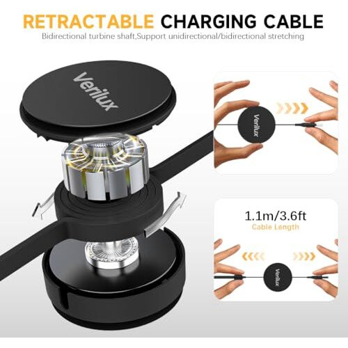 Verilux 3 In 1 Usb To Type C Cable, Pd 100W Multi Usb A/C To Usb C/Light-Ning/Micro Usb Cable, 3.6Ft Retractable Car Charger Type C Cable For Iphone 16/15/14, Galaxy S24/S23, Android, Laptop