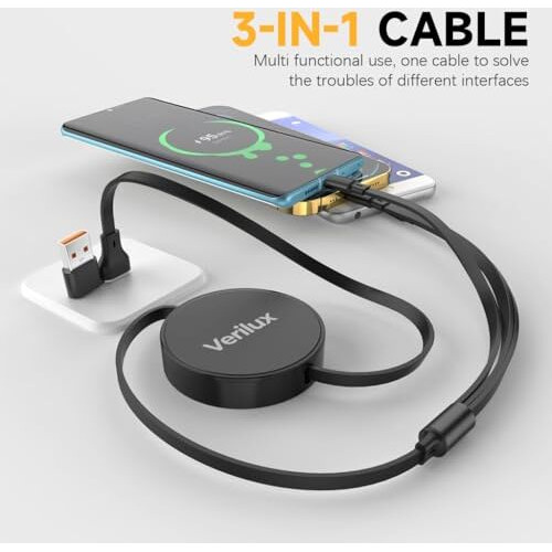 Verilux 3 In 1 Usb To Type C Cable, Pd 100W Multi Usb A/C To Usb C/Light-Ning/Micro Usb Cable, 3.6Ft Retractable Car Charger Type C Cable For Iphone 16/15/14, Galaxy S24/S23, Android, Laptop