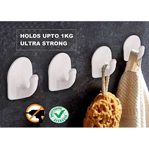 Docoss -Pack Of 8-Nail Free Self Adhesive Wall Hooks For Hanging Clothes,Towel Hanger Wall Sticker Hooks For Bathroom, Kitchen- Holds Upto 1 Kg (White), Pvc