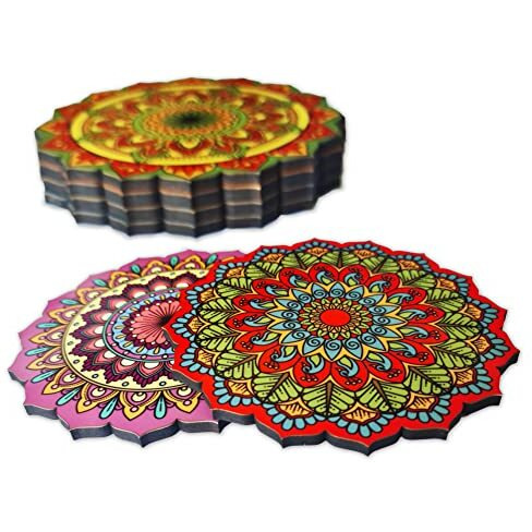 Ambiyaa Pine Set Of 6 Mandala 4 Inch Coasters | Unique Handmade Designs | Flower Shaped | 10 Cm Diameter
