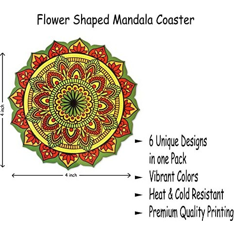 Ambiyaa Pine Set Of 6 Mandala 4 Inch Coasters | Unique Handmade Designs | Flower Shaped | 10 Cm Diameter