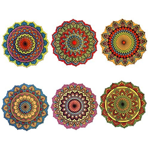 Ambiyaa Pine Set Of 6 Mandala 4 Inch Coasters | Unique Handmade Designs | Flower Shaped | 10 Cm Diameter