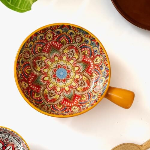 Femora Ceramic Snack Bowl With Handle | Serving Bowl With Handle | Microwave & Dishwasher Safe Big Bowls Perfect For Snacks, Noodles, Salads, Soup, Baking-Mandana Print