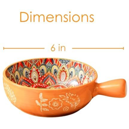 Femora Ceramic Snack Bowl With Handle | Serving Bowl With Handle | Microwave & Dishwasher Safe Big Bowls Perfect For Snacks, Noodles, Salads, Soup, Baking-Mandana Print