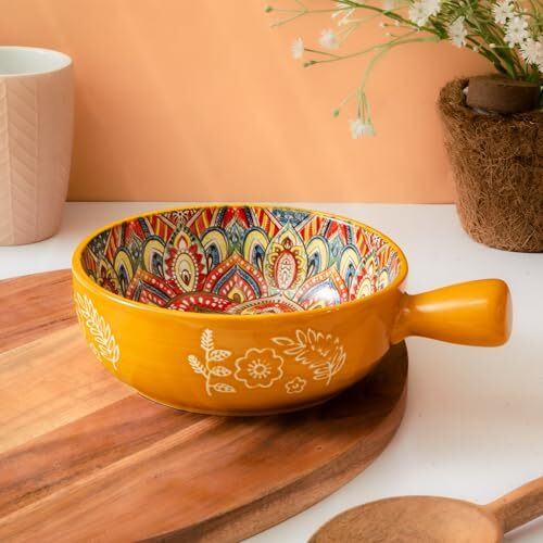 Femora Ceramic Snack Bowl With Handle | Serving Bowl With Handle | Microwave & Dishwasher Safe Big Bowls Perfect For Snacks, Noodles, Salads, Soup, Baking-Mandana Print