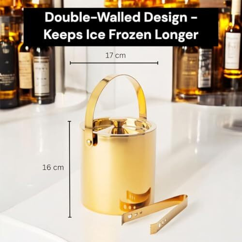 Exclusivish Ice Bucket With Tong (1.7 L) | Shiny Gold Stainless Steel Double Insulation Ice Bucket With Tong Non-Toxic, Anti-Rust | Birthday & Anniversary Gift Home Decor Item Bar Accessories For Home