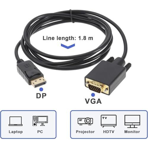 Displayport To Vga Cable, Uni-Directional Dp Displayport Computer To Vga Monitor Cable Male To Male Gold-Plated Cord Compatible With Lenovo, Dell, Hp, Asus - 1.8 Meter