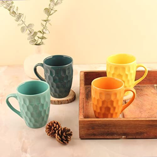 Anwaliya Crystal Ceramic Coffee Mug Set Of 4 (280Ml) Handcrafted Design Tea Cups Stackable, Chip Resistant, Large Serving Green Tea Cups, Fortuna (Color May Vary)