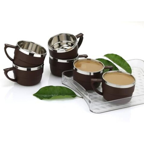 Happi Tea Cups Set Coffee Mug Insulated Stainless Steel Inner Stylist Double Wall Cup For Home Office Restaurant Use Tea Mugs Set Of 6 (Brown)