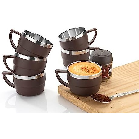 Happi Tea Cups Set Coffee Mug Insulated Stainless Steel Inner Stylist Double Wall Cup For Home Office Restaurant Use Tea Mugs Set Of 6 (Brown)