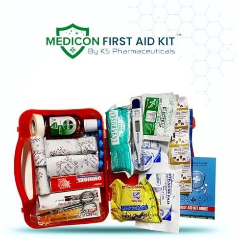 Medicon First Aid Kit - 21 Items - Total 56 Piece - For Car, Home, Outdoors, Sports, Camping, Hiking Or Office | Red Case Fully Packed With Emergency Supplies, First Aid Box For Travelling
