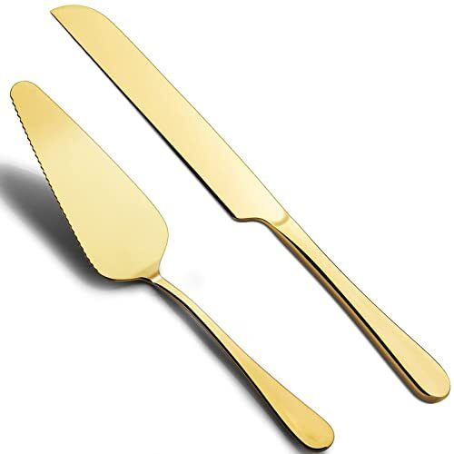 Supvox Cake Cutting Knife Set, Stainless Steel Cake Knife And Cake Server Set, Cake Cutter And Pie Spatula For Birthday Anniversary Christmas Gift Set Of 2, Gold