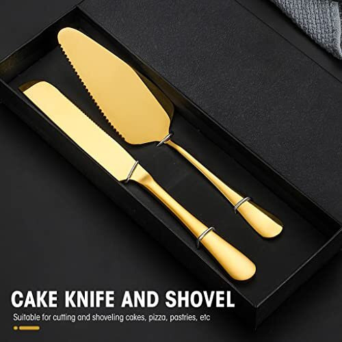 Supvox Cake Cutting Knife Set, Stainless Steel Cake Knife And Cake Server Set, Cake Cutter And Pie Spatula For Birthday Anniversary Christmas Gift Set Of 2, Gold
