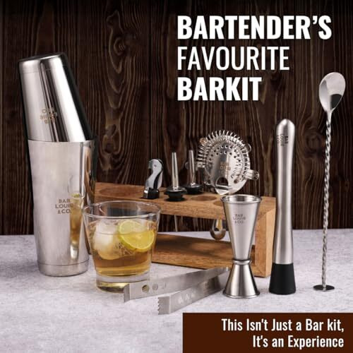 Bab Louie & Co. Bar & Cocktail Set, Ultimate Barkit With Wooden Stand, Cocktail Shaker Set For Drink, Set Of 10 Stainless Steel & Anti Rust Bar Accessories With Stylish Bar Stand, Gifts For Bartender