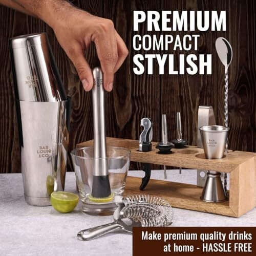 Bab Louie & Co. Bar & Cocktail Set, Ultimate Barkit With Wooden Stand, Cocktail Shaker Set For Drink, Set Of 10 Stainless Steel & Anti Rust Bar Accessories With Stylish Bar Stand, Gifts For Bartender