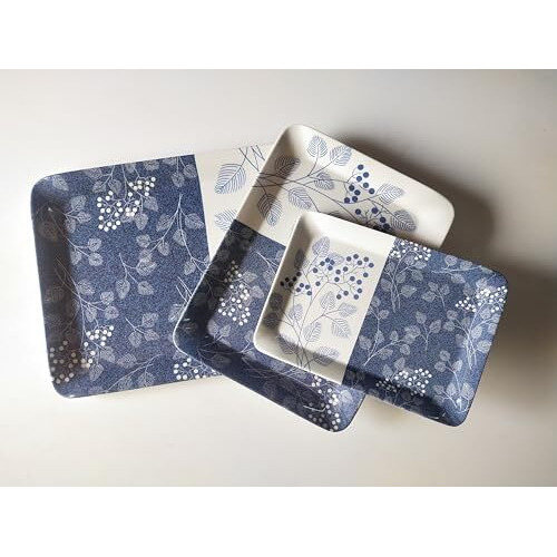Urmila Plastic Premium Printed Melamine Serving Tray For Kitchen, Dining, Serving & Desk Tray Set Of 3 (Mt_ White Blue)