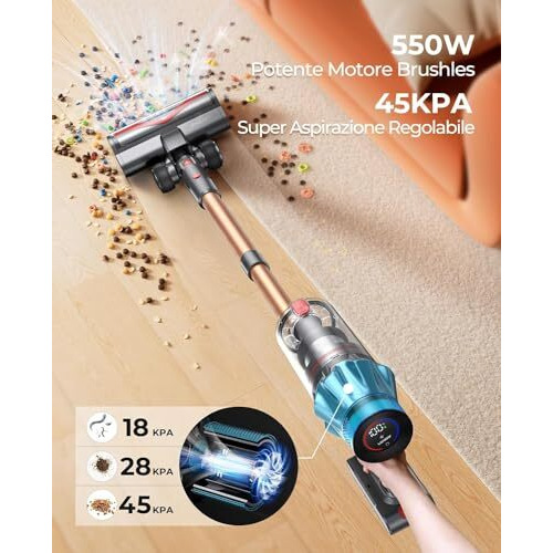 Laresar Ultra 7 Cordless Vacuum Cleaner 550W/45Kpa Stick Vacuum Cleaner With Touch Screen, Up To 60 Mins Runtime, Lightweight Handheld Vacuums For Hardwood Floor Carpet Car Pet Hair, Black