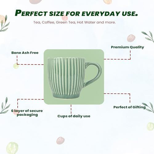 Zynkraft Ceramic Tea Cups Set Of 6 | Tea Cup Set Of 6 | Glossy Finish | Premium Stoneware | Tea Set | Ceramic Tea Cup | Small Cups For Tea Set Of 6-240Ml (Green)