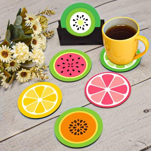 My Creative Hut Tea Coasters Set Of 6, Beautiful Design With Stand For Tea Cups, Coffee Mugs, And Glasses, Ideal For Gifting (Fruit Salad)