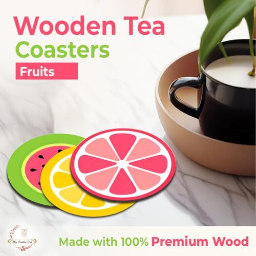 My Creative Hut Tea Coasters Set Of 6, Beautiful Design With Stand For Tea Cups, Coffee Mugs, And Glasses, Ideal For Gifting (Fruit Salad)