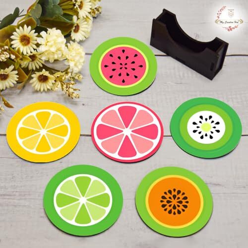 My Creative Hut Tea Coasters Set Of 6, Beautiful Design With Stand For Tea Cups, Coffee Mugs, And Glasses, Ideal For Gifting (Fruit Salad)