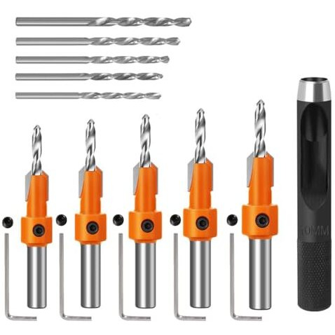 Serplex 10Pcs Wood Countersink Drill Bit Set, With 5Pcs Extra Pilot Drill Bit, 5/16" Round Shank, Hex Key Wrench, Counter Sinker For Woodworking, 5 Sizes 2.8X10, 3.0X10, 3.2X10, 3.5X10, 4.0X10
