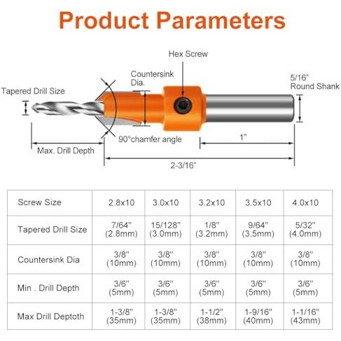 Serplex 10Pcs Wood Countersink Drill Bit Set, With 5Pcs Extra Pilot Drill Bit, 5/16" Round Shank, Hex Key Wrench, Counter Sinker For Woodworking, 5 Sizes 2.8X10, 3.0X10, 3.2X10, 3.5X10, 4.0X10
