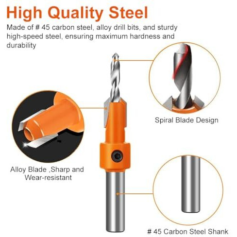Serplex 10Pcs Wood Countersink Drill Bit Set, With 5Pcs Extra Pilot Drill Bit, 5/16" Round Shank, Hex Key Wrench, Counter Sinker For Woodworking, 5 Sizes 2.8X10, 3.0X10, 3.2X10, 3.5X10, 4.0X10