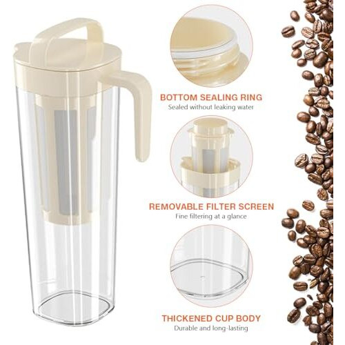 Supvox 1100Ml Glass Jar With Handle Portable Coffee Cup Food-Grade Pp Cold Brew Iced Coffee Maker With Filter Iced Coffee Maker