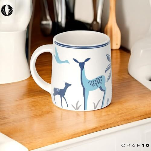 Craf10 Blue Stag Ceramic Tea/Coffee Mug  Single Piece, 330 Ml, Elegant & Durable, Office Use