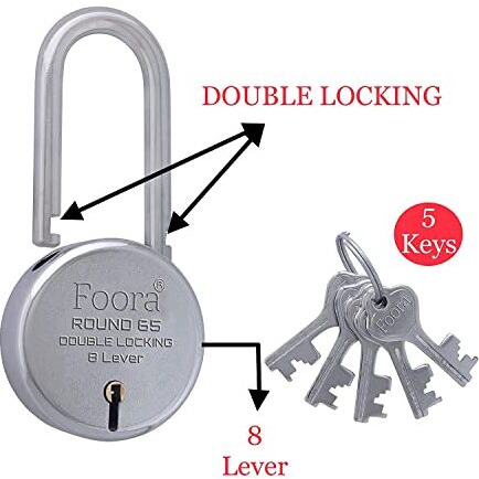 Foora Ultimate 65Mm Long Shackle Padlock | Secure Your Home, Door, Gate, Shutter | Premium Double Locking 8 Lever | 5 Silver Keys Included | Made In India