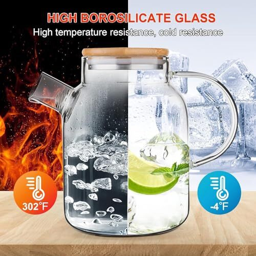 Tadrup 1.8 L Glass Water Jug, Glass Jug With Airtight Wooden Lid And Strainer, Borosilicate Glass (1.8 L Wooden Lid)