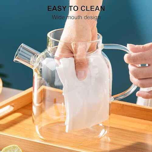 Tadrup 1.8 L Glass Water Jug, Glass Jug With Airtight Wooden Lid And Strainer, Borosilicate Glass (1.8 L Wooden Lid)