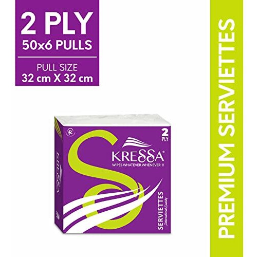 Kressa Tissue Paper Serviettes | Paper Napkins | Table Top Serviettes 2 Ply Pack Of 6 (300 Serviettes) 100% Biodegradable