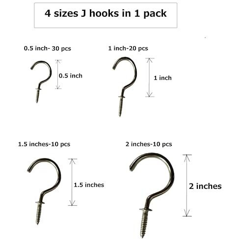 Q1 Beads 70 Pcs Steel Ceiling Cup J Hooks Kit, 4 Sizes Screw-In Hanging Hook Hanger (1/2 Inch, 1 Inch,1.5 Inch,2 Inch)