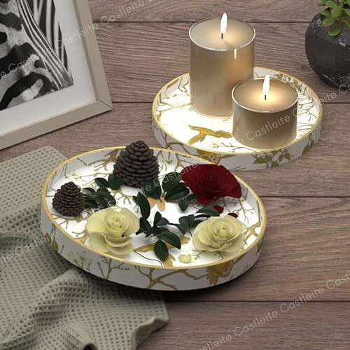 Castleite Ember Decorative Round Wooden Tray Set Of 2 Handcrafted Trays For Serving, Use In Kitchen, Dining Table, Decor Or Storage - Epoxy Resin Coated - Large, Small (Gloriole)