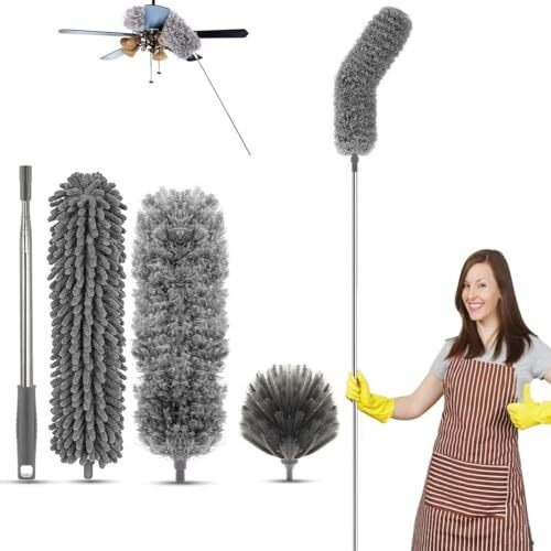 Inclusshop New 2025 Microfiber Feather Duster 4Pcs - Extendable & Bendable Dusters With Long Extension Pole, Washable Lightweight Dusters For Cleaning Ceiling Fan (Twin Extra-Long)