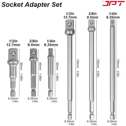 Jpt Impact Socket Adapter & Drill Bit Holder Set, 6Pcs  1/4", 3/8", 1/2" Hex Shank, 65-150Mm Extension Set For Impact Drivers & Power Drills  Quick-Change, Heavy-Duty Tool Accessories