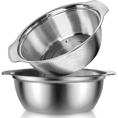 Hevasnek Stainless Steel Mixing Bowl Set With 2-Piece Strainer, 4-In-1 Colander For Flour Kneading, Vegetable Washing, Rice Straining & More  Multi-Purpose Kitchen Essential