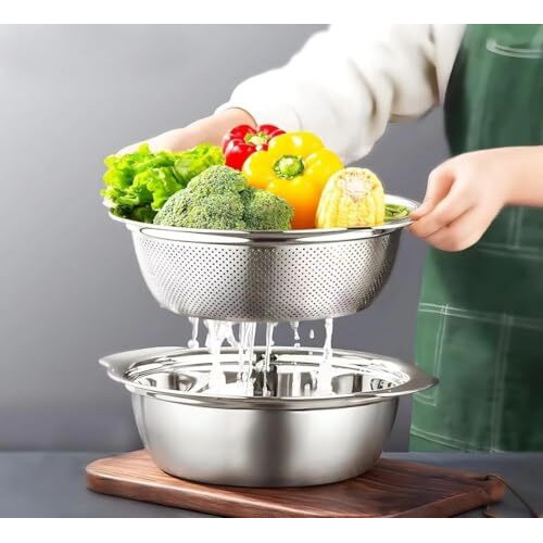 Hevasnek Stainless Steel Mixing Bowl Set With 2-Piece Strainer, 4-In-1 Colander For Flour Kneading, Vegetable Washing, Rice Straining & More  Multi-Purpose Kitchen Essential