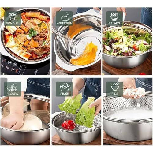 Hevasnek Stainless Steel Mixing Bowl Set With 2-Piece Strainer, 4-In-1 Colander For Flour Kneading, Vegetable Washing, Rice Straining & More  Multi-Purpose Kitchen Essential