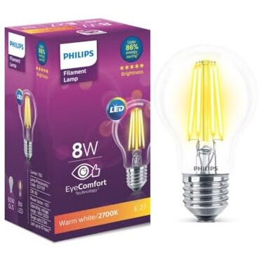 Philips 8-Watt E27 A60 Led Glass Filament Bulb | Decorative Led Bulb For Home Decoration | Warm White/Golden Yellow, Pack Of 1
