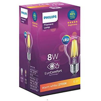 Philips 8-Watt E27 A60 Led Glass Filament Bulb | Decorative Led Bulb For Home Decoration | Warm White/Golden Yellow, Pack Of 1