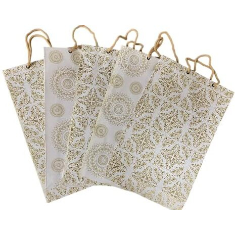 Paper Creative Art White & Gold Medium Size Papper Gift Bag For Shopping Bag, Return Gift Bag, Party Bag, Carry Bag(Pack Of 10)