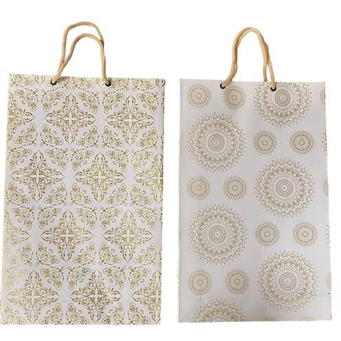 Paper Creative Art White & Gold Medium Size Papper Gift Bag For Shopping Bag, Return Gift Bag, Party Bag, Carry Bag(Pack Of 10)